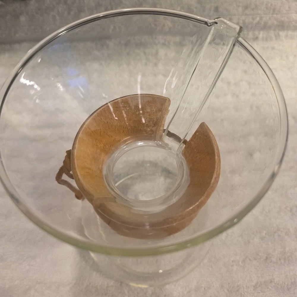 Vtg MCM Chemex Pyrex Glass Pour Over Coffee Maker /Wooden Collar, Filters, 9 in